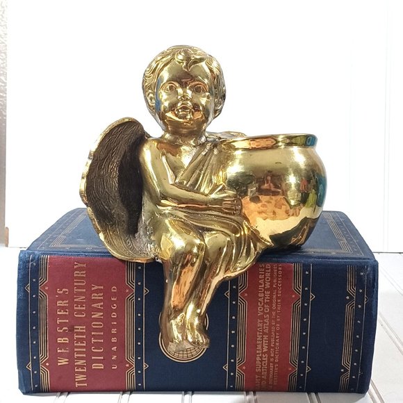 Brass Cherub Angel Putti Mid Century Shelf Sitting Sitter Planter Vase Vintage - Picture 9 of 9